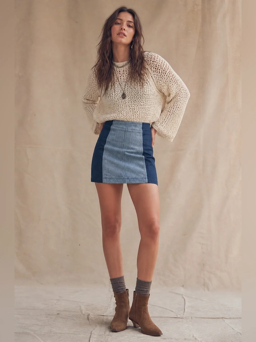 Free People Womens Modern Femme Denim Mini Skirt Sz 2 Blue Jean Colorblock Boho - Picture 8 of 8